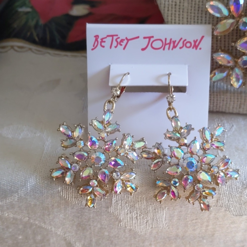 Betsey Johnson Gold Tone Snowflake Drop Earrings Crystal Accents